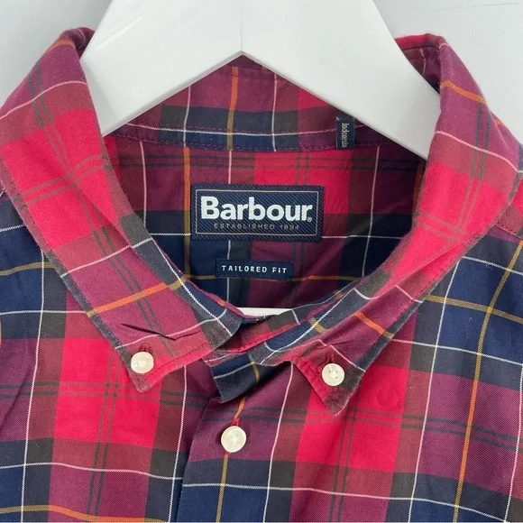 Barbour Wetheram Red Tartan Plaid Button Down Shirt Tailored Fit Mens Size L